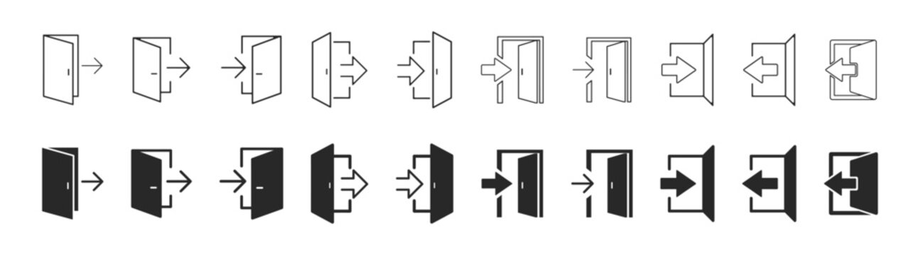 Door login and logout icon set with solid glyph style for access, authentication, entrance and exit
