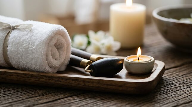 Spa relaxation set with a white rolled towel, black jade face roller, scented candle, and white flowers on a wooden tray over a dark rustic background