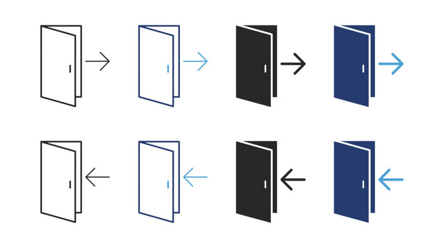 Door login and logout icons in outline and solid styles for access, authentication, entrance and exit
