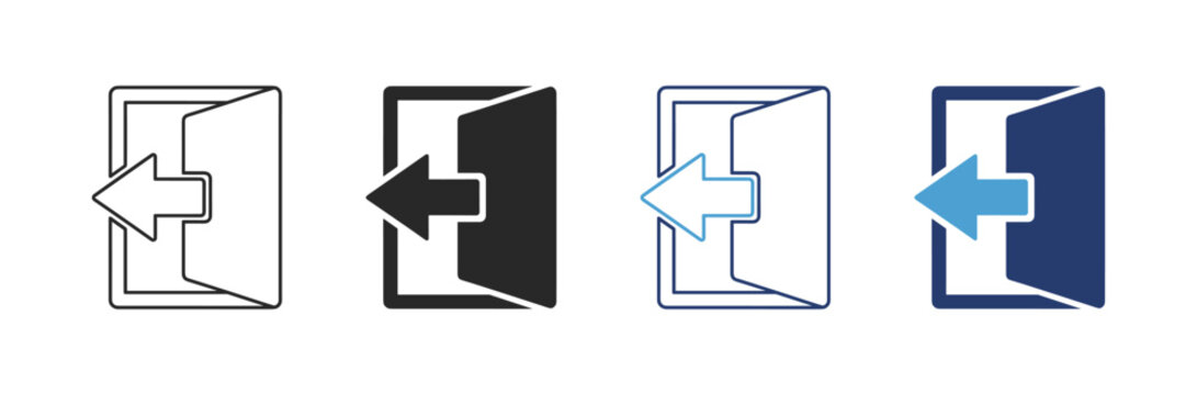 Door login and logout icons in outline and solid styles for access, authentication, entrance and exit