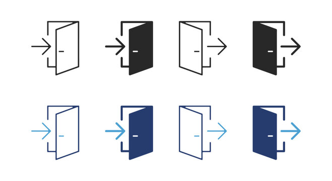 Door login and logout icons in outline and solid styles for access, authentication, entrance and exit