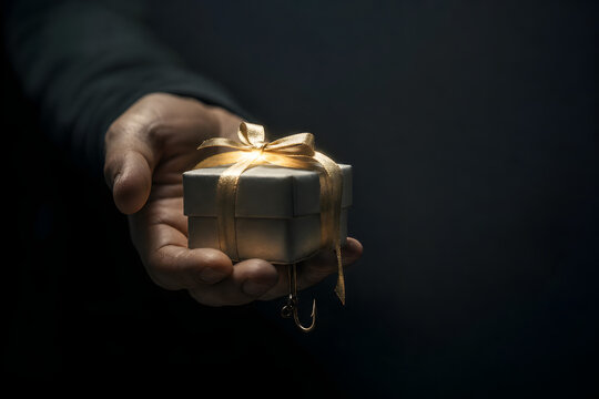 Glowing gift with hidden hook in outstretched hand