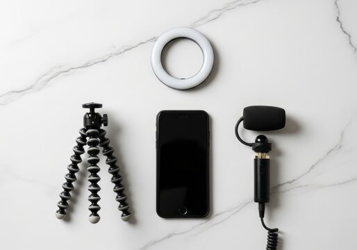 Mobile Content Creation Kit with Smartphone, Tripod, Microphone, and Ring Light on Marble Background