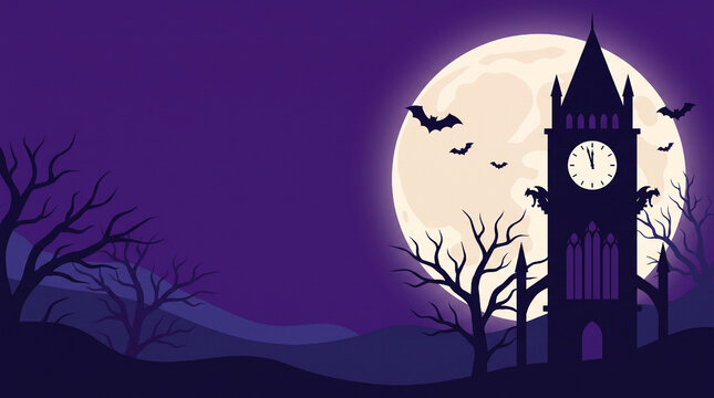 Spooky Halloween Silhouette Background with Clock Tower and Full Moon