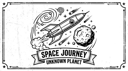 Retro Space Journey Rocket Launching Towards Unknown Planet and Galaxy © Grid