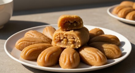 Fototapeta premium Golden, sweet, nut-filled pastries on white plates, sunlit setting
