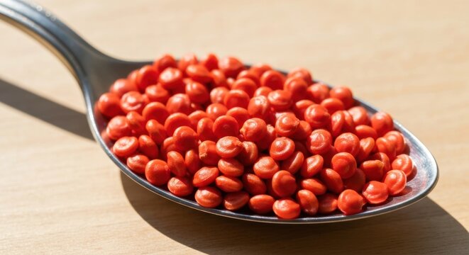 Close-up of spoon holding many small, round, bright red objects