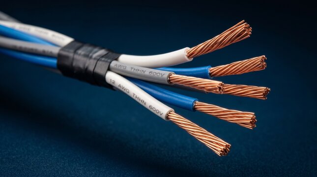 Close-up of a bundle of multi-colored electrical wires with exposed copper strands, secured with black tape.