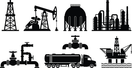 Obraz premium Oil Industry Infrastructure Silhouette Set with Petroleum Refinery Offshore Drilling Pipeline Fuel Transport Storage Tank and Energy Production Vector