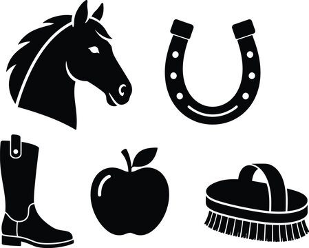 Minimalist black vector graphic set featuring horse head horseshoe riding boot apple and grooming brush icons