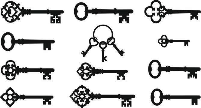 Vintage Key Collection Silhouette Set with Antique Skeleton Keys Locksmith Security Access Lock Opening and Classic Hardware Vector Illustration
