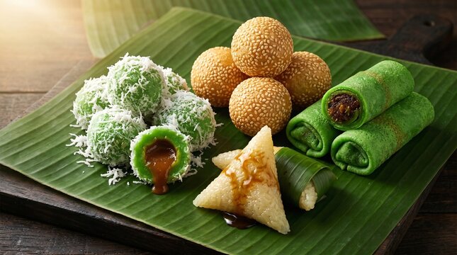 Traditional Indonesian jajanan pasar on banana leaf, klepon onde onde dadar gulung lupis, authentic palm sugar pandan sweet snacks Local Flavor editorial