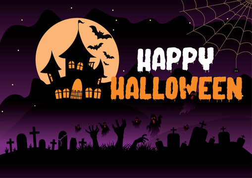 Happy Halloween Haunted House Banner Illustration, vector Design