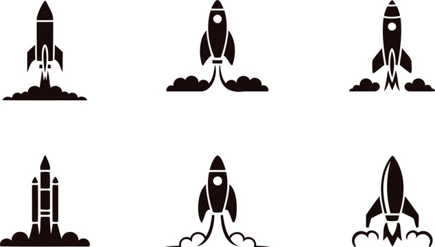 Collection of black silhouettes of rockets launching into space with clouds  various designs