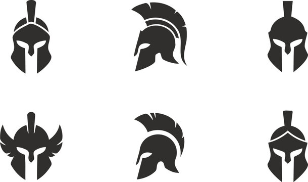 Collection of six ancient roman greek warrior helmets and headpieces in black silhouette  ancient warfare headgear