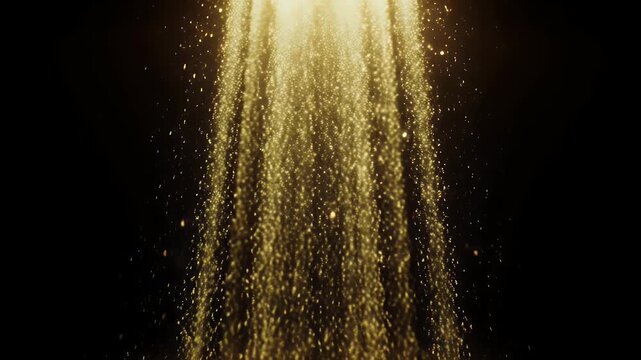 Golden Glitter Particles Falling Down from Bright Light Beam on Black Background for Celebration and Luxury