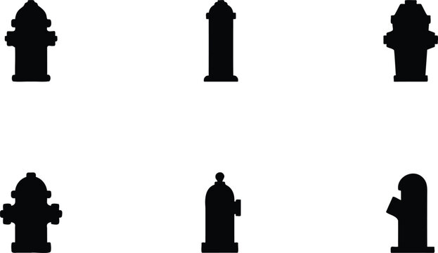 Collection of various fire hydrant silhouettes on white background for urban infrastructure designs  hydrants in different shapes and styles