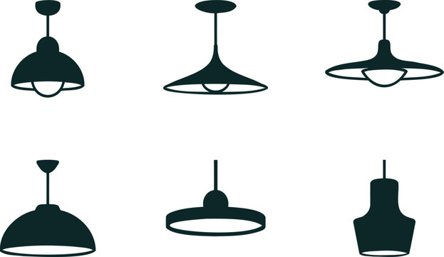 Modern pendant light fixtures hanging from ceiling various shapes and designs one line art style