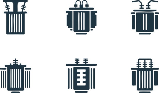 Set of six different electrical transformer icons on white background  industrial power equipment
