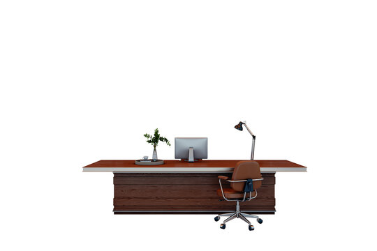 Office desk with computer, lamp and chair in realistic style on white background, concept of workspace furniture layout and modern interior, 3D Rendering