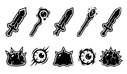 Battle damaged fantasy pixel game enemy and magic weaponry graphic bundle © Rozina