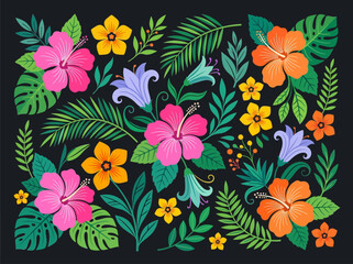 Vibrant Tropical Floral Pattern with Hibiscus and Monstera on Black Background © Wyntela