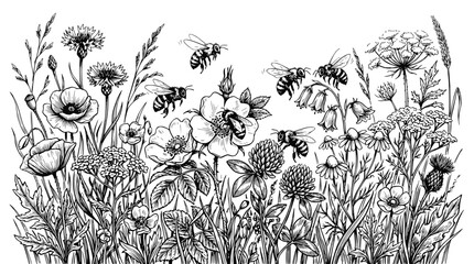 Bees Flying Among Wildflowers and Grasses - Hand-Drawn Sketch Style © illustration