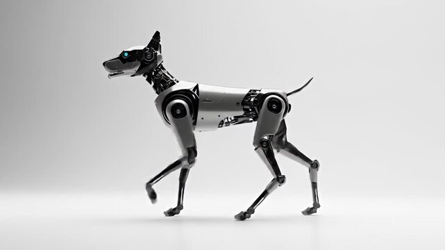 Sleek metallic robot canine with glowing blue eyes walks in a neutral background