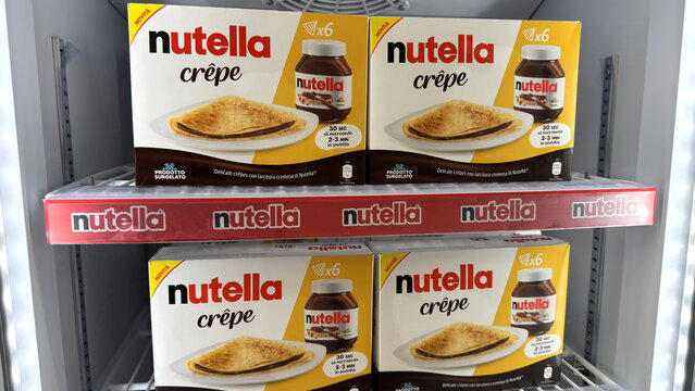 Frozen Nutella Crepes Retail Display in Supermarket Freezer, Editorial Use