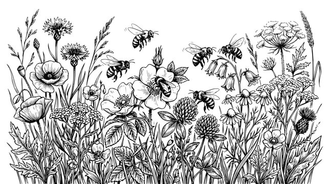 Bees Flying Among Wildflowers and Grasses - Hand-Drawn Sketch Style