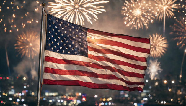 American flag waving against a backdrop of festive fireworks