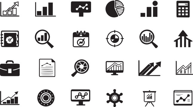 Set of black business and finance icons showing charts graphs and data analytics Vector