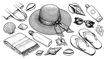 Summer Beach Essentials: Hat, Sunglasses, Flip-Flops, Seashells, Towel, Sunscreen © illustration