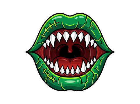 Green zombie monster mouth with sharp fangs and stitches vector illustration