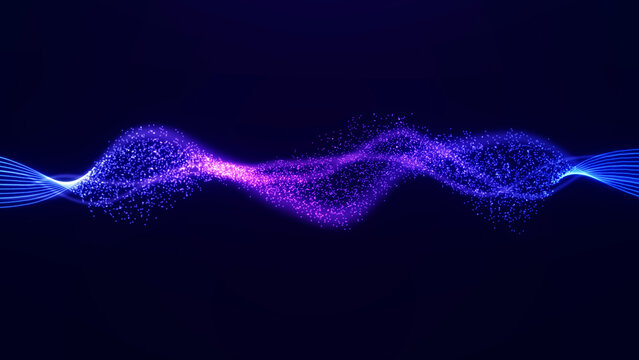 Blue and purple particle waveform flows across a dark field, matching music visuals, AI audio tools, data signals, digital communication and tech branding.