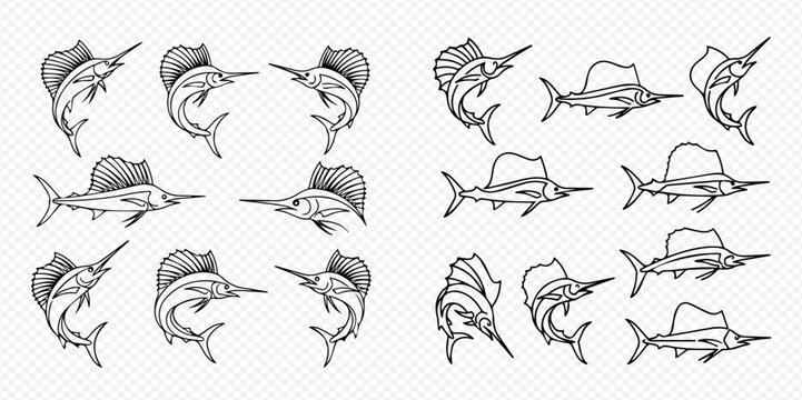Set of Hand-Drawn Sailfish and Marlin Illustrations in Various Poses, Perfect for Ocean-Themed Designs and Fishing Enthusiasts.