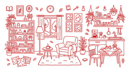 Cozy living room and kitchen sketch with bookshelves, plants, and window view © Gisel