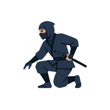 Ninja in stealthy pose with katana sword, ready for action.