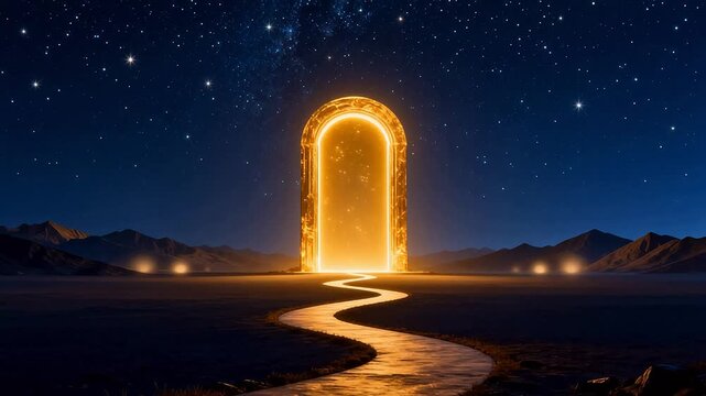 Glowing portal in desert landscape