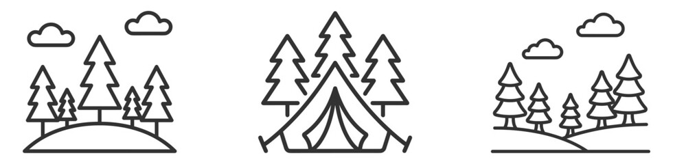 forest and camping tent line icons set of nature trees and outdoor camping adventure on transparent background © Наталья Перова