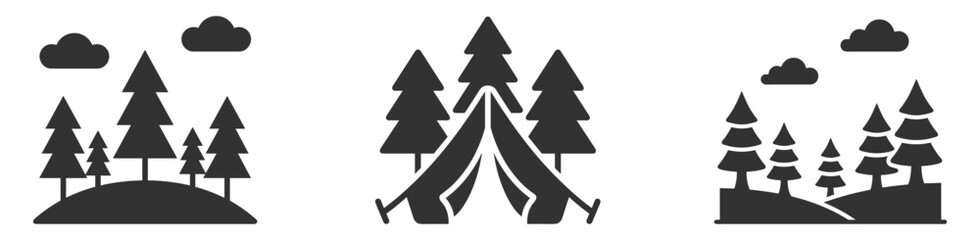 forest landscape and tent icons set on transparent background © Наталья Перова