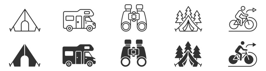 camping tent campervan binoculars forest outdoor hiking bicycle line icons set on transparent background © Наталья Перова