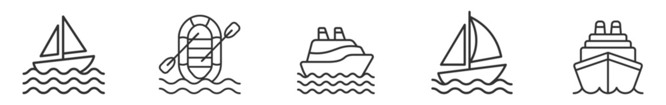 set of sailing boat inflatable raft cruise ship liner ship outline icons on transparent background
