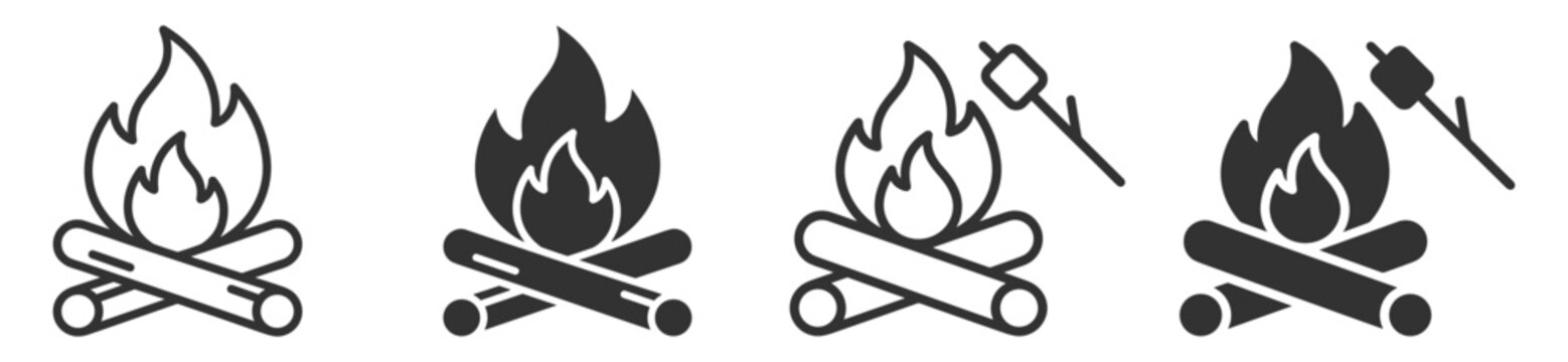 campfire icon set with firewood and flame and marshmallow roasting stick vector illustration on transparent background