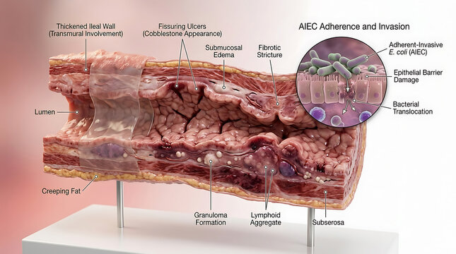 Transparent Human Ileum with Crohn's Terminal Ileitis and Adherent Invasive E. Coli Infection