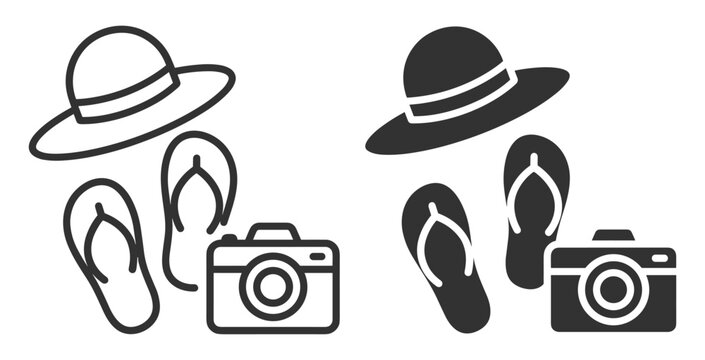 summer vacation icons set with straw hat flip flops and camera vector illustration on transparent background