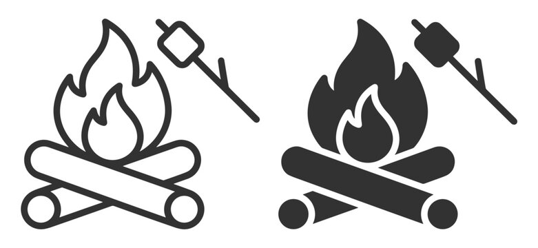 campfire icon set with marshmallow roasting stick line and solid style vector illustration on transparent background