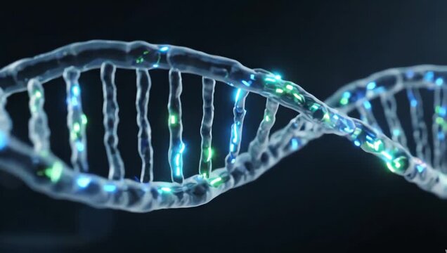 Genetic information moving through transparent DNA pathways, glowing molecular signals traveling rhythmically across realistic helix structures