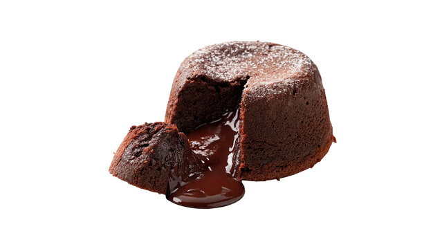 Delicious gourmet chocolate fondant cake molten lava cake cut open isolated on transparent background cut out