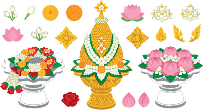 Thai ceremony offering vector background with golden tiered cone white phan pedestal tray lotus and jasmine garland centerpiece